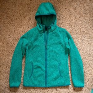 Marmot fleece hoodie. Heathered teal color.